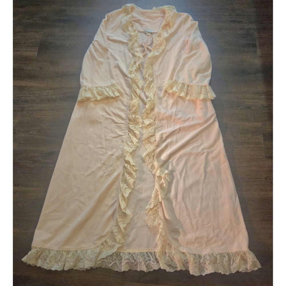 Vtg 70s Sakowitz Pink Arnel Triacetate Velour Maxi Robe Lace ILGWU Dressing Gown